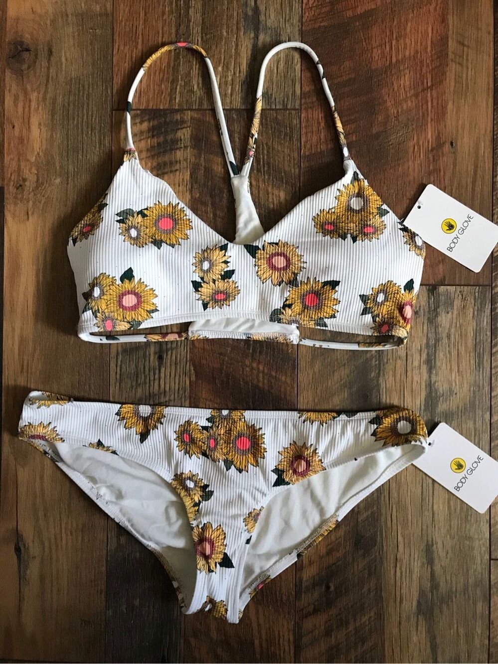 Body Glove 2-PC white with Sunflowers Bikini Bathing Suit Sz Large New w/tags